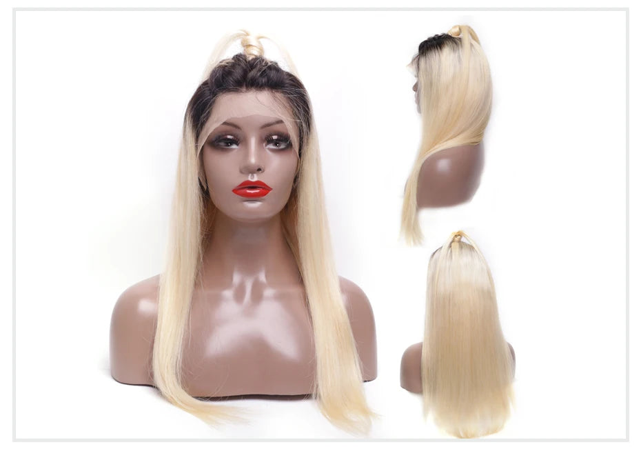 Dark Root 1B 613 Ombre Blonde13 Brazilian Straight  - Full Lace Front Human Hair Wig
