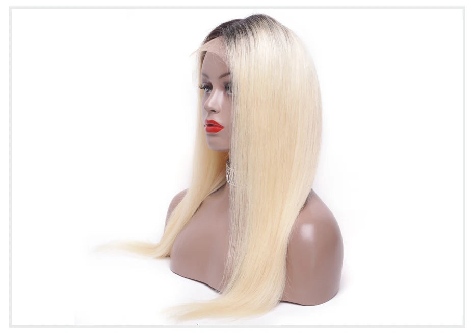 Dark Root 1B 613 Ombre Blonde13 Brazilian Straight  - Full Lace Front Human Hair Wig