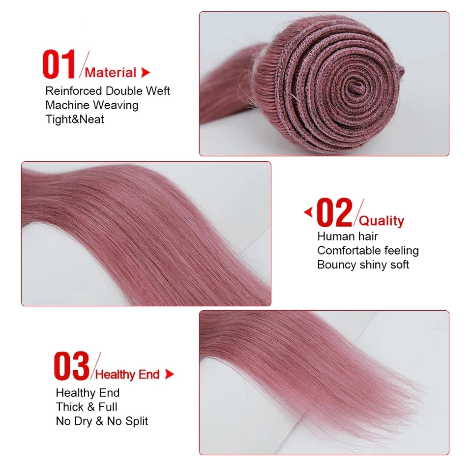 Sleek Brazilian Straight Bundles With Closure - Human Hair, Pink Color