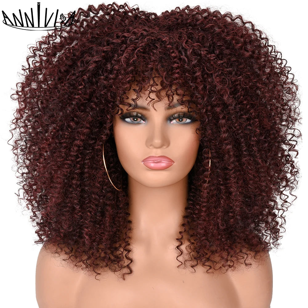 Synthetic Kinky Curly Wigs With Bangs - Various Colors Available