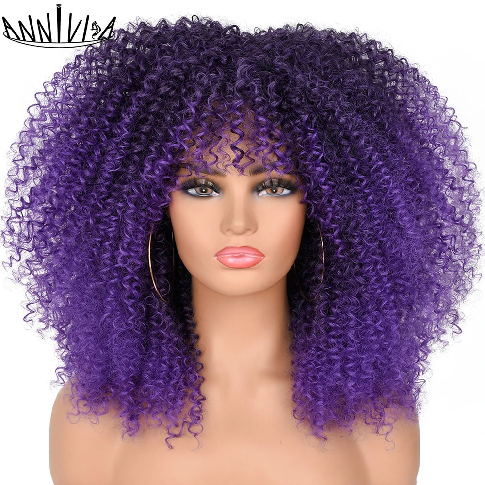 Synthetic Kinky Curly Wigs With Bangs - Various Colors Available