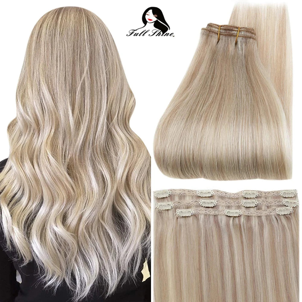 Full Shine Straight Human Hair 3pc Clip in Hair Extensions  - Various Colors Available