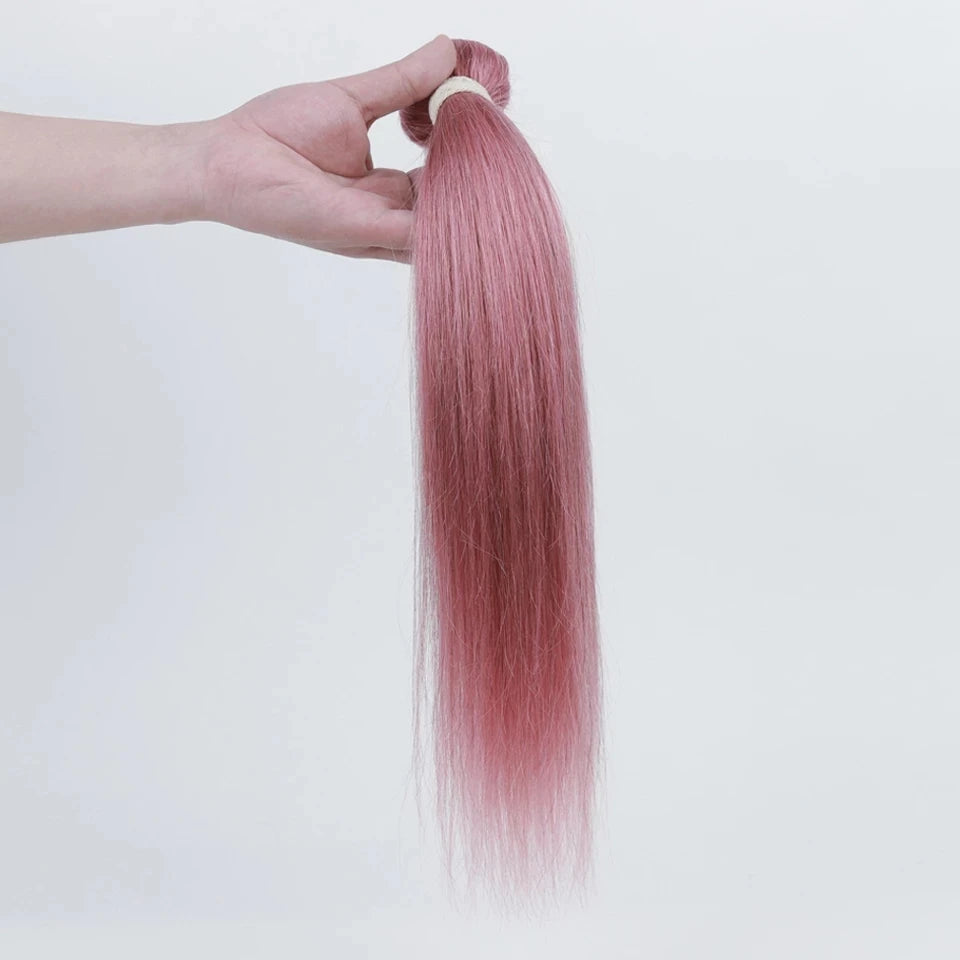 Sleek Brazilian Straight Bundles With Closure - Human Hair, Pink Color