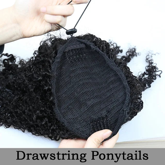 Afro Kinky Curly Drawstring or Straight Wrap Around Human Hair Ponytails