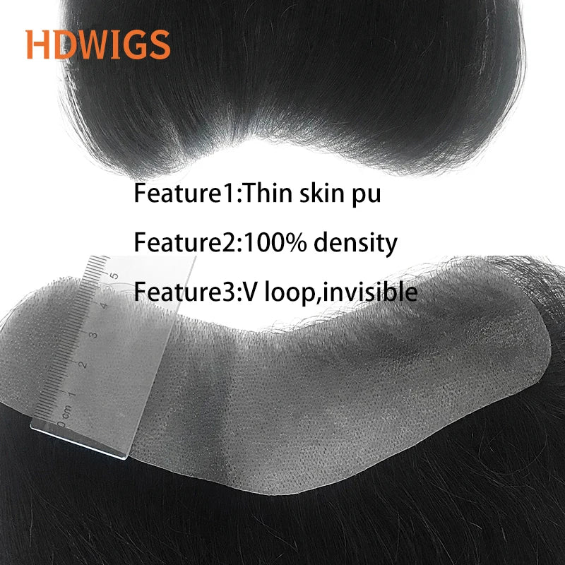 Straight 100% Human Remy Hair V Style Thin Skin Full PU Men's Capillary Prosthesis Frontal - Various Options Available