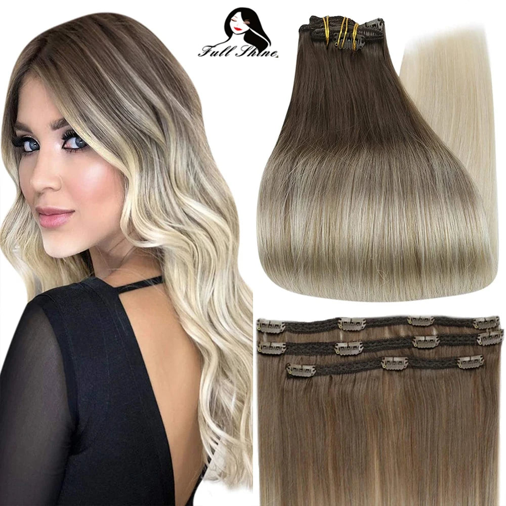 Full Shine Straight Human Hair 3pc Clip in Hair Extensions  - Various Colors Available