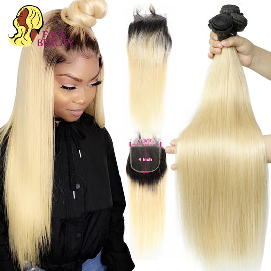 Straight Human Hair - Ombre 1B 613 Blonde Bundles with 4x4 Lace Closure