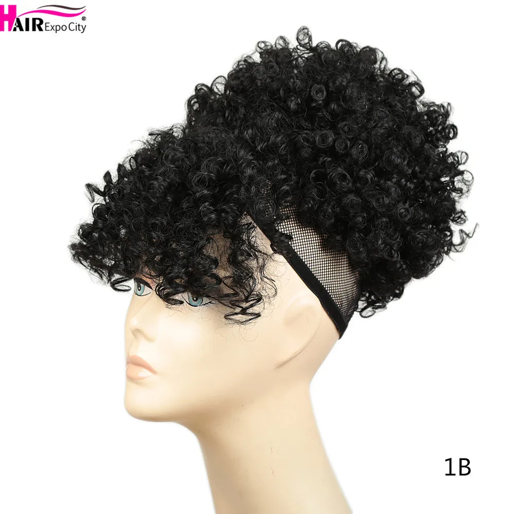 Short Kinky Curly Synthetic Ponytails With Bangs - Various Options Available