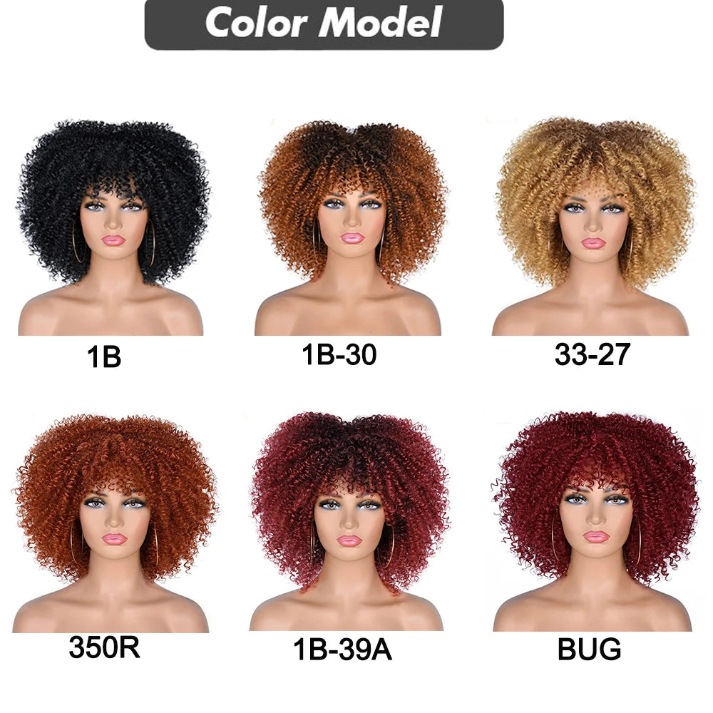 Short Kinky Curly With Bangs Synthetic Wigs - Various Colors Available