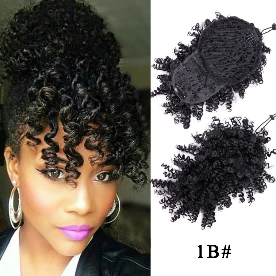 Afro Curly Adjustable Drawstring Synthetic Ponytail With Bangs