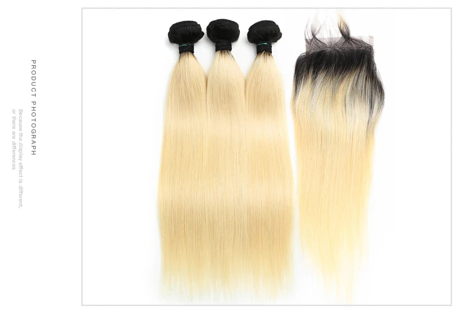 Straight Human Hair - Ombre 1B 613 Blonde Bundles with 4x4 Lace Closure