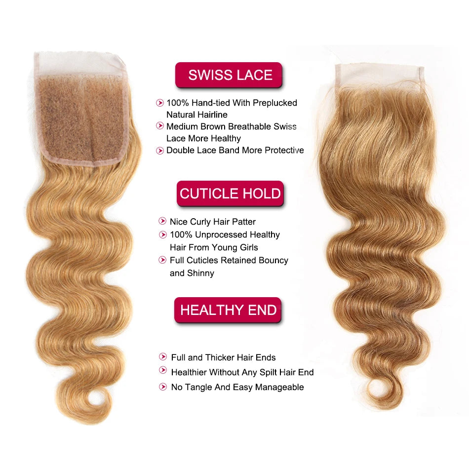 Closures with baby hair - 27# Honey Blonde 100% Human Hair - Various Options Available