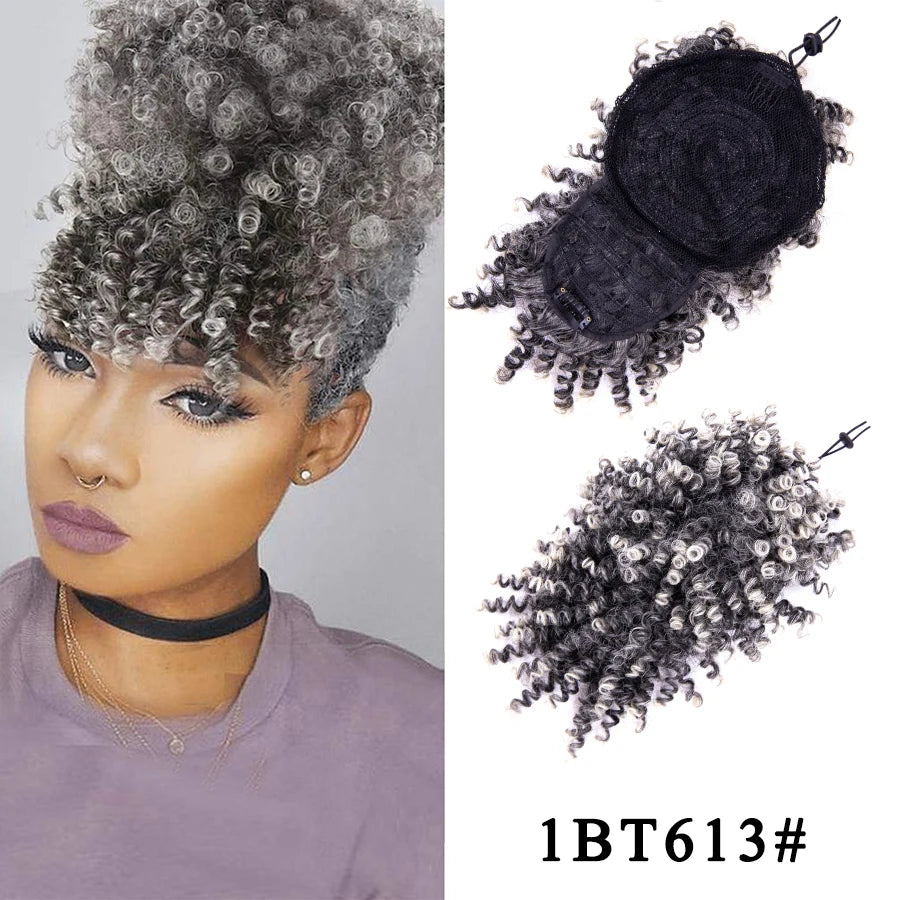 Afro Curly Adjustable Drawstring Synthetic Ponytail With Bangs