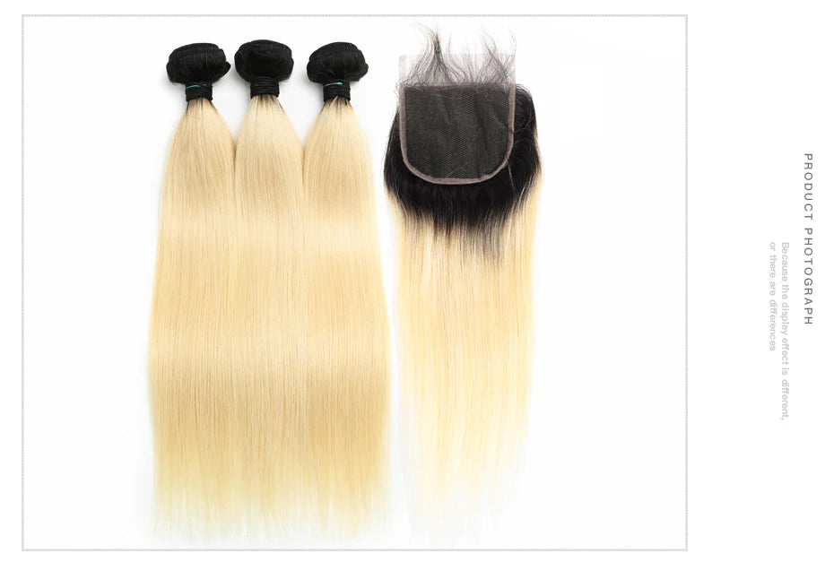 Straight Human Hair - Ombre 1B 613 Blonde Bundles with 4x4 Lace Closure