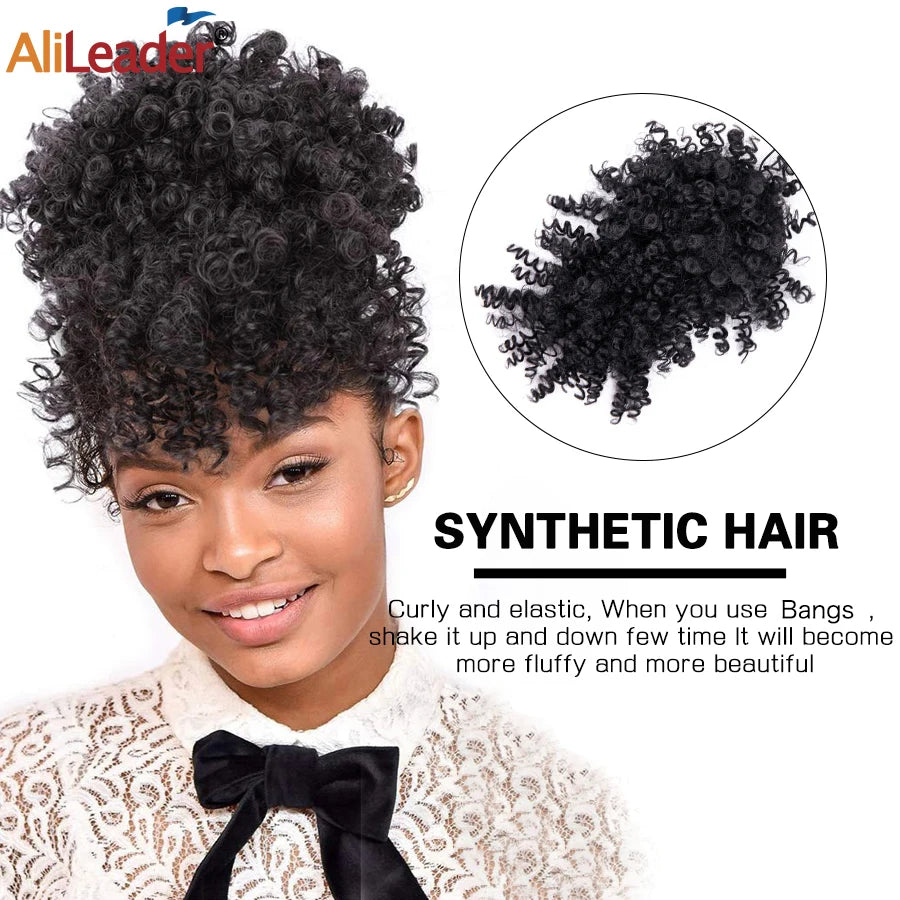 Afro Curly Adjustable Drawstring Synthetic Ponytail With Bangs