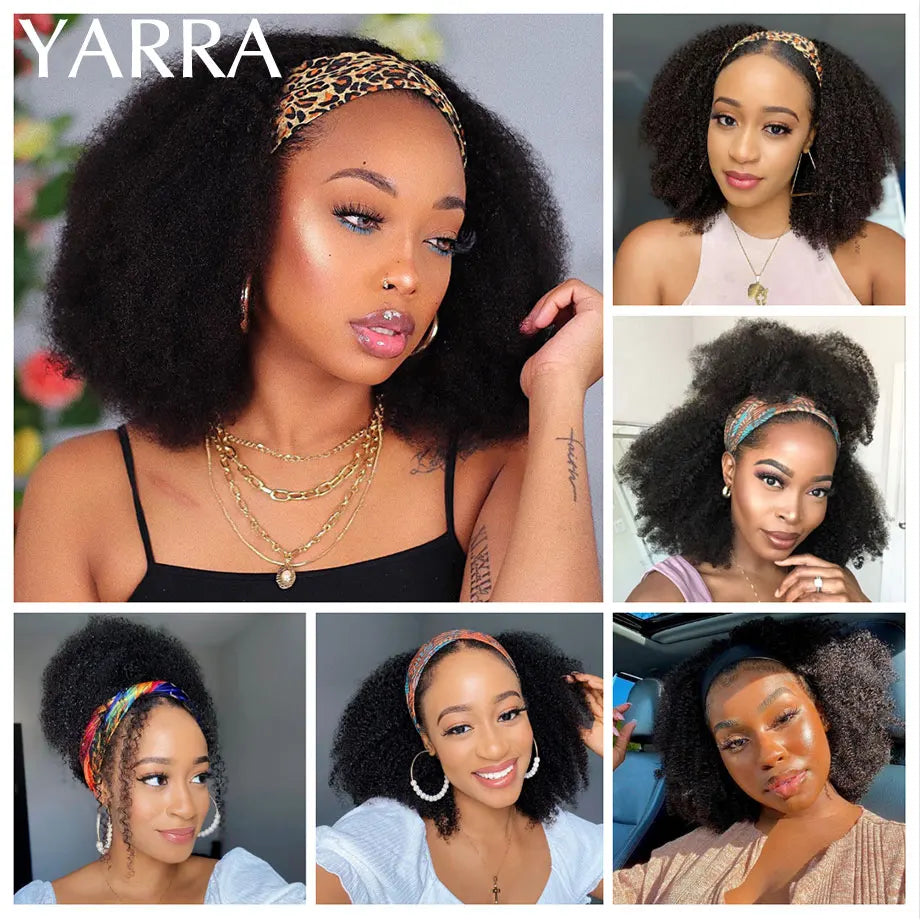 Afro Kinky Curly Human Hair Headband Wigs