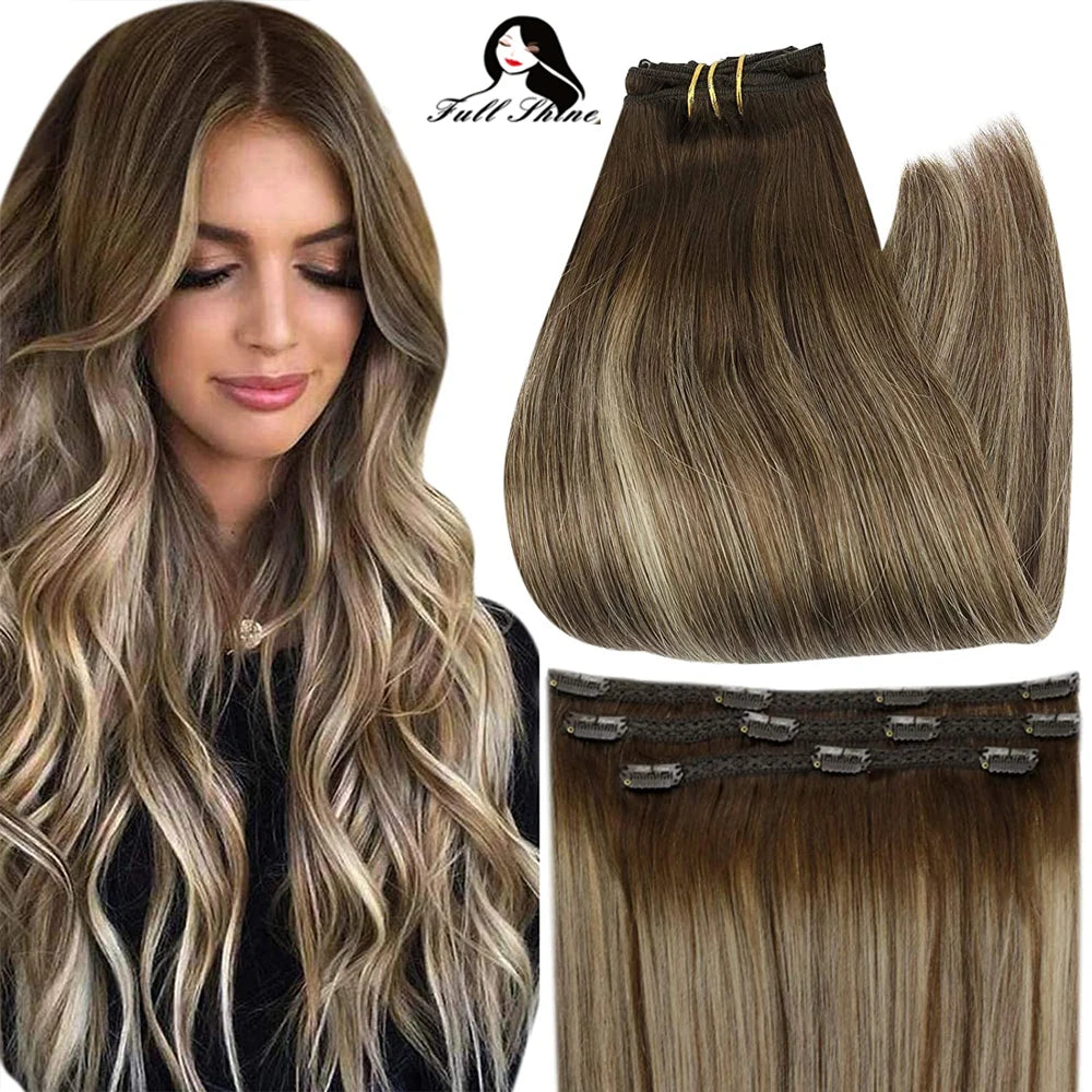Full Shine Straight Human Hair 3pc Clip in Hair Extensions  - Various Colors Available