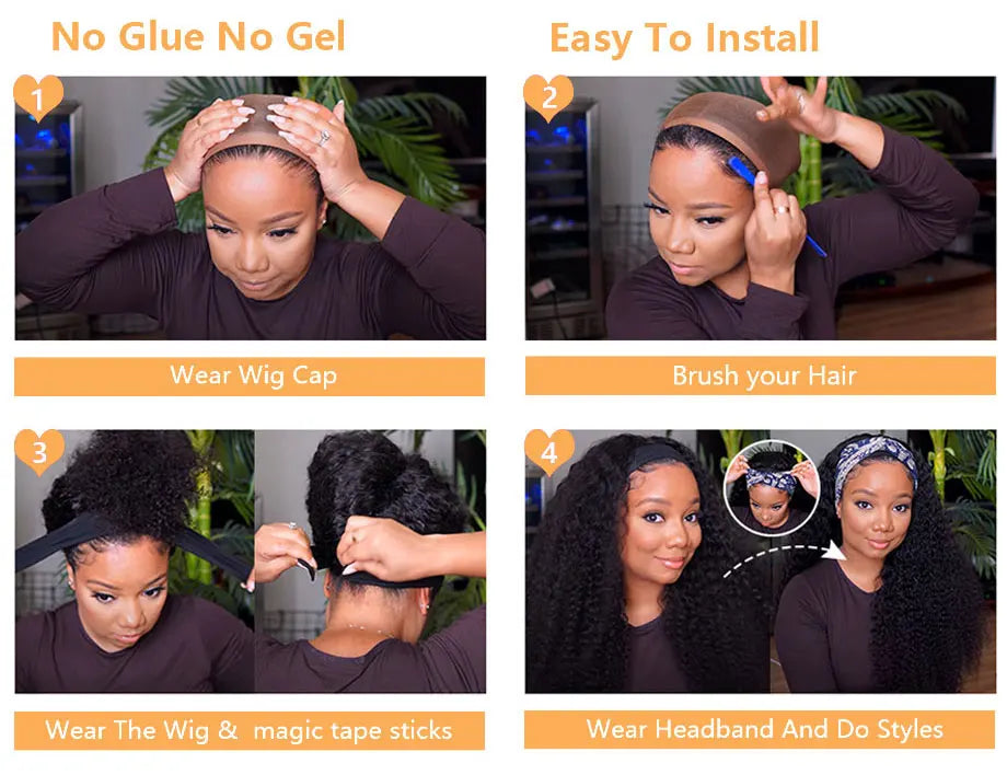 Afro Kinky Curly Human Hair Headband Wigs
