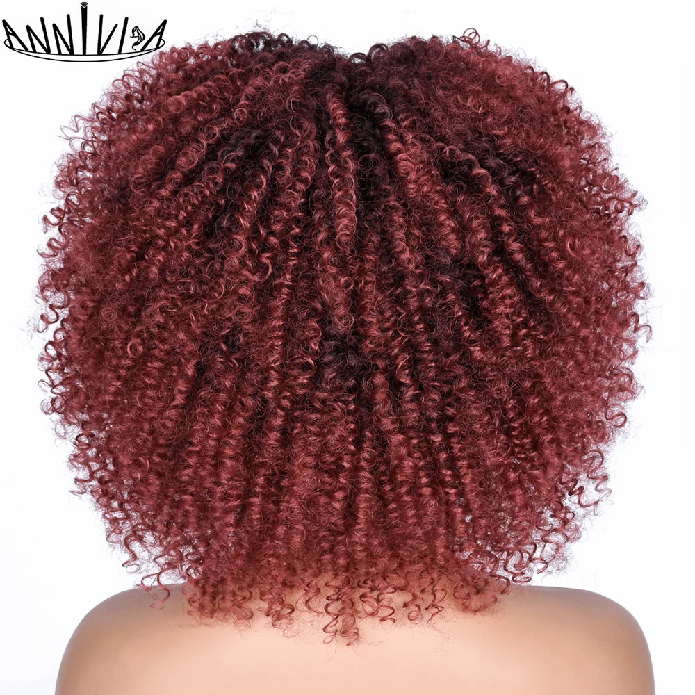 Short Kinky Curly With Bangs Synthetic Wigs - Various Colors Available