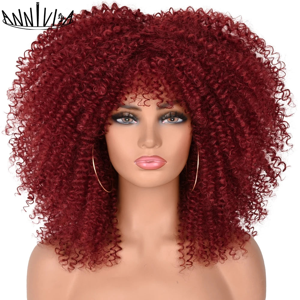Synthetic Kinky Curly Wigs With Bangs - Various Colors Available