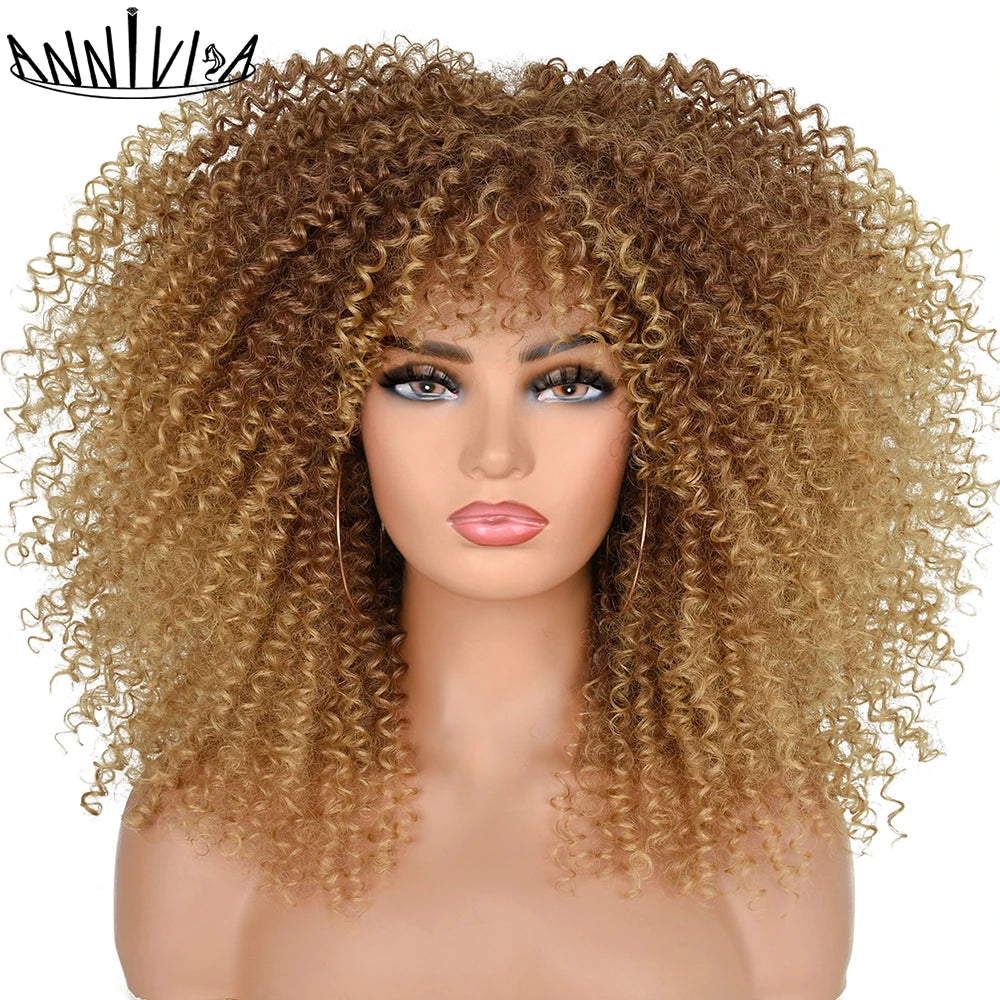 Synthetic Kinky Curly Wigs With Bangs - Various Colors Available