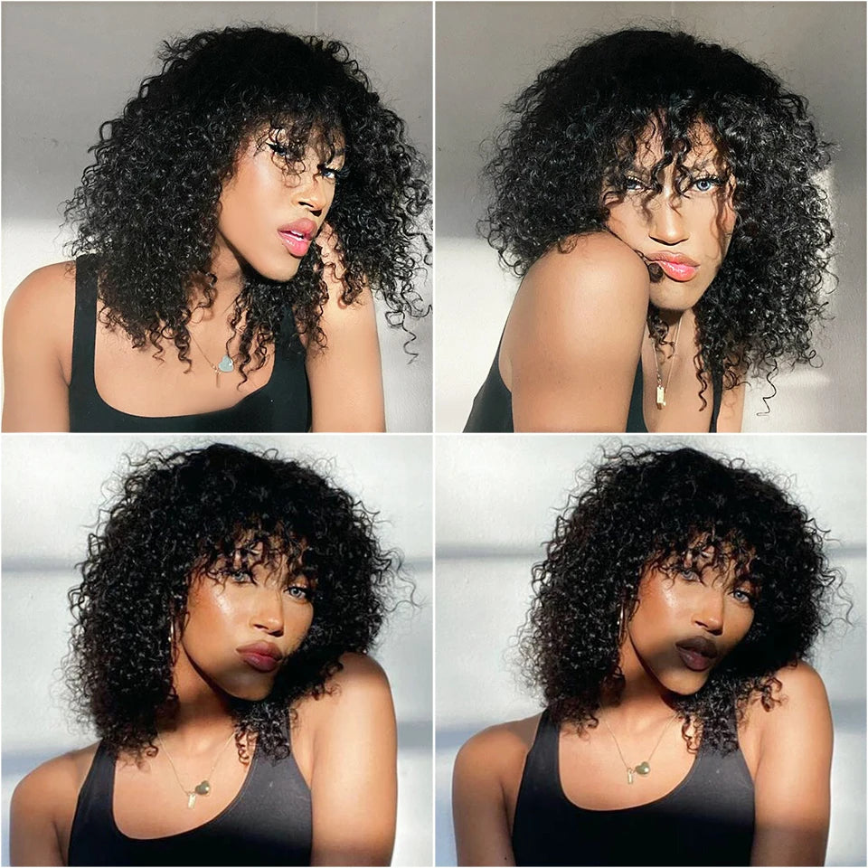2Trendy Brazilian Curly Human Hair Wig With Bang