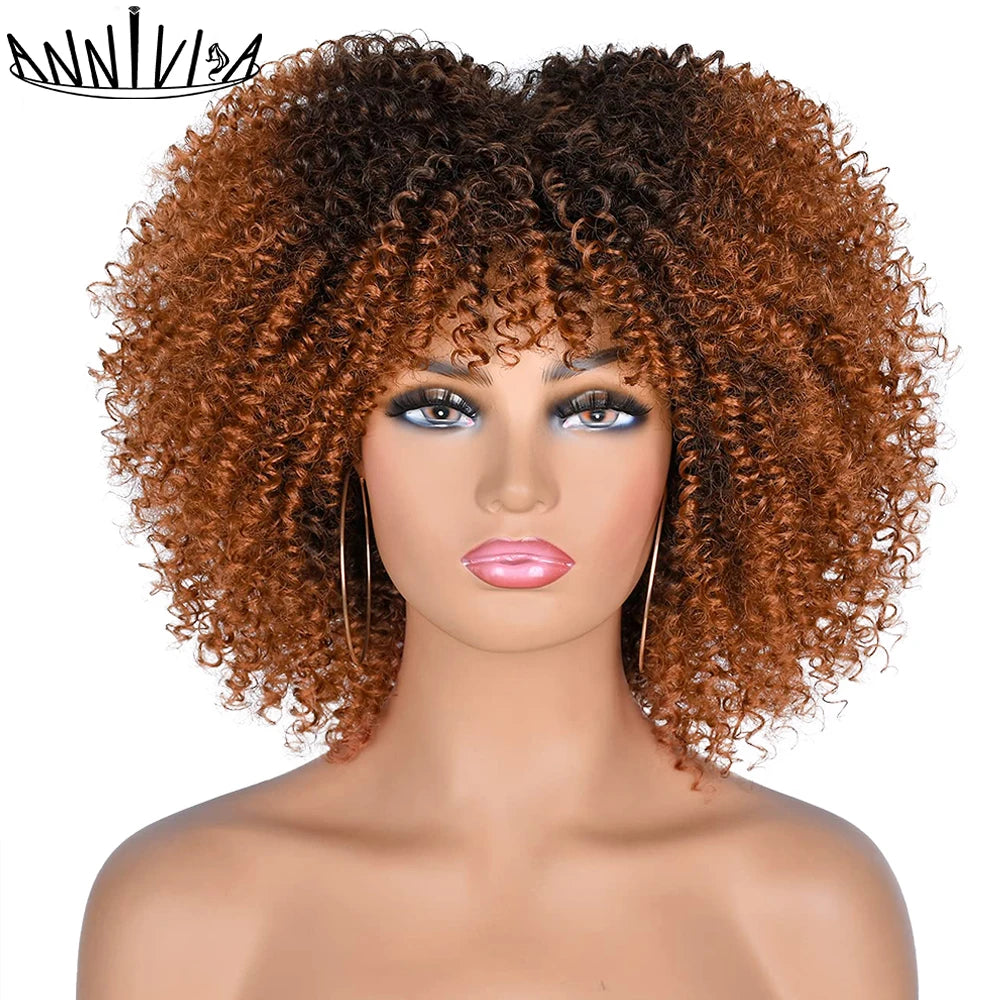 Short Kinky Curly With Bangs Synthetic Wigs - Various Colors Available
