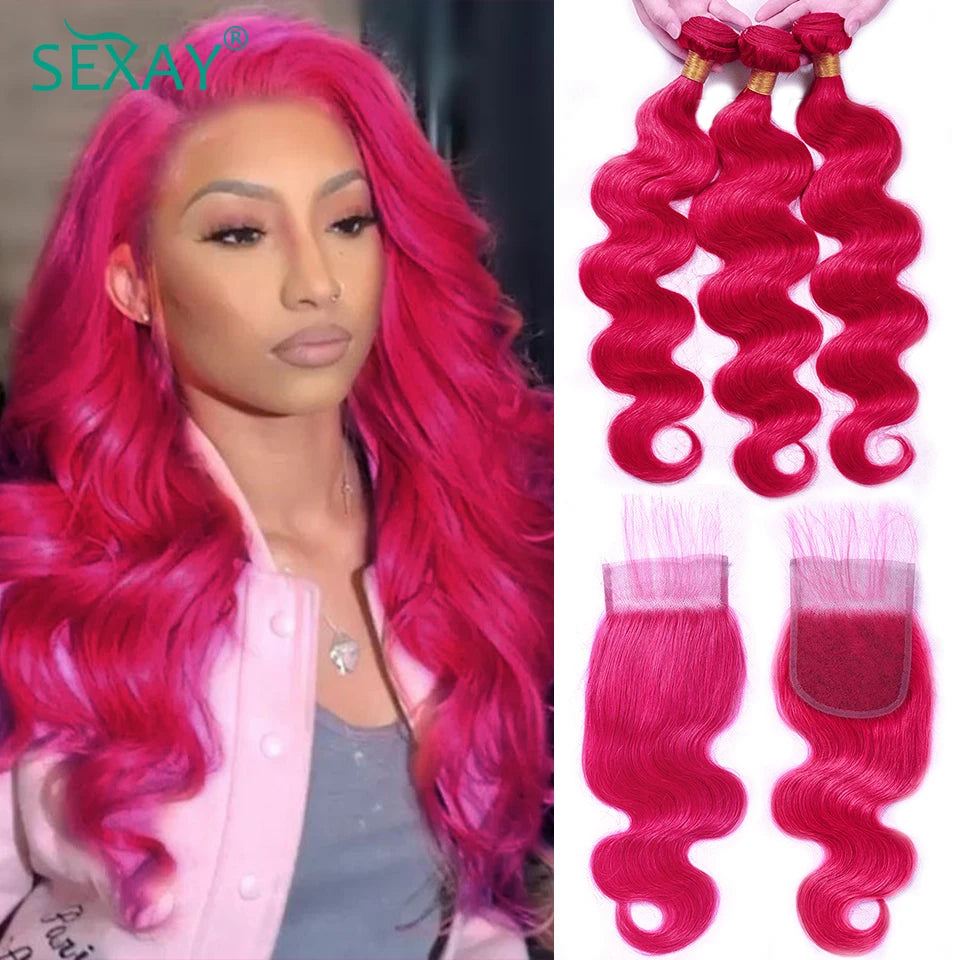 Pink 3 Bundles With Pre plucked Baby Hair Lace Closure - Human Hair