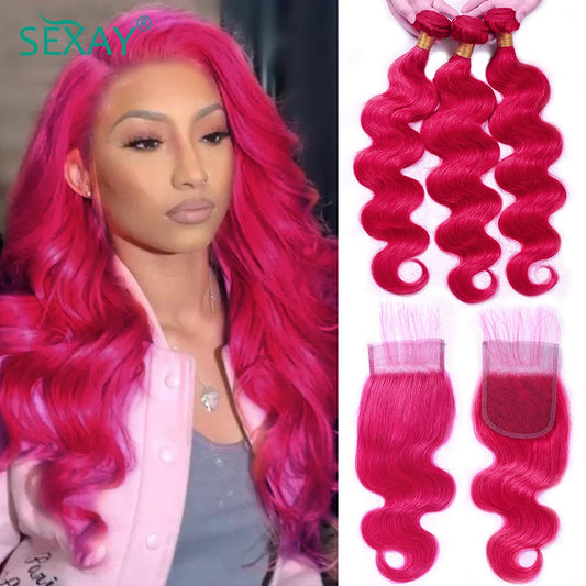 Pink 3 Bundles With Pre plucked Baby Hair Lace Closure - Human Hair