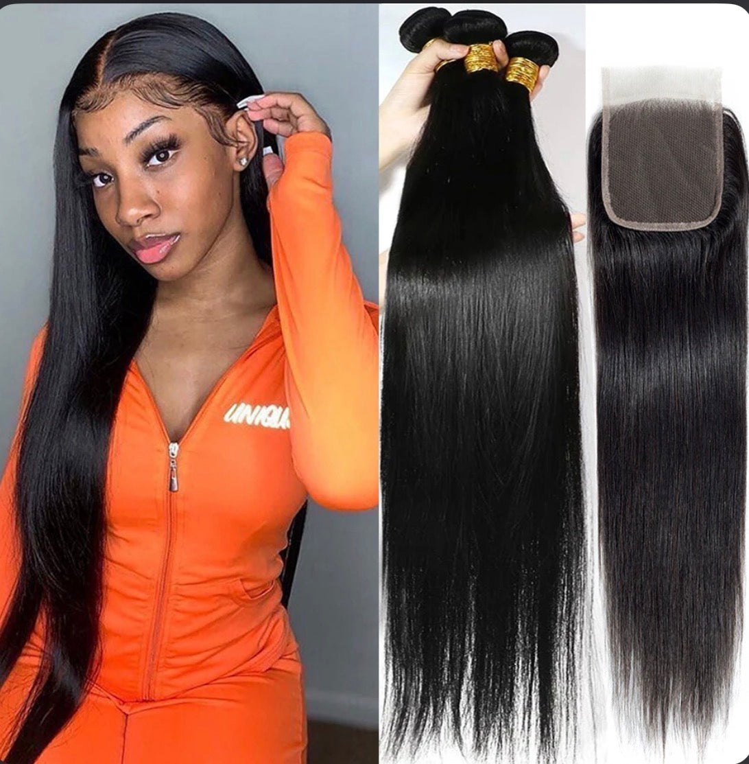 2Trendy - Straight Bundles With 4x4 Transparent Lace Closure Human Hair