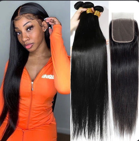 2Trendy - Straight Bundles With 4x4 Transparent Lace Closure Human Hair