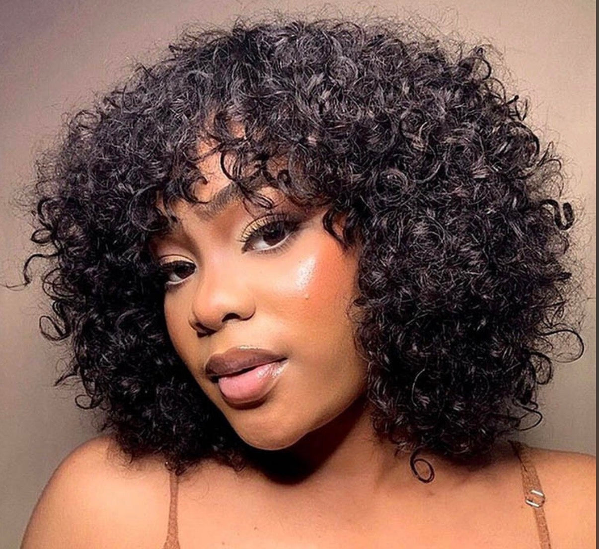 2Trendy Brazilian Curly Human Hair Wig With Bang