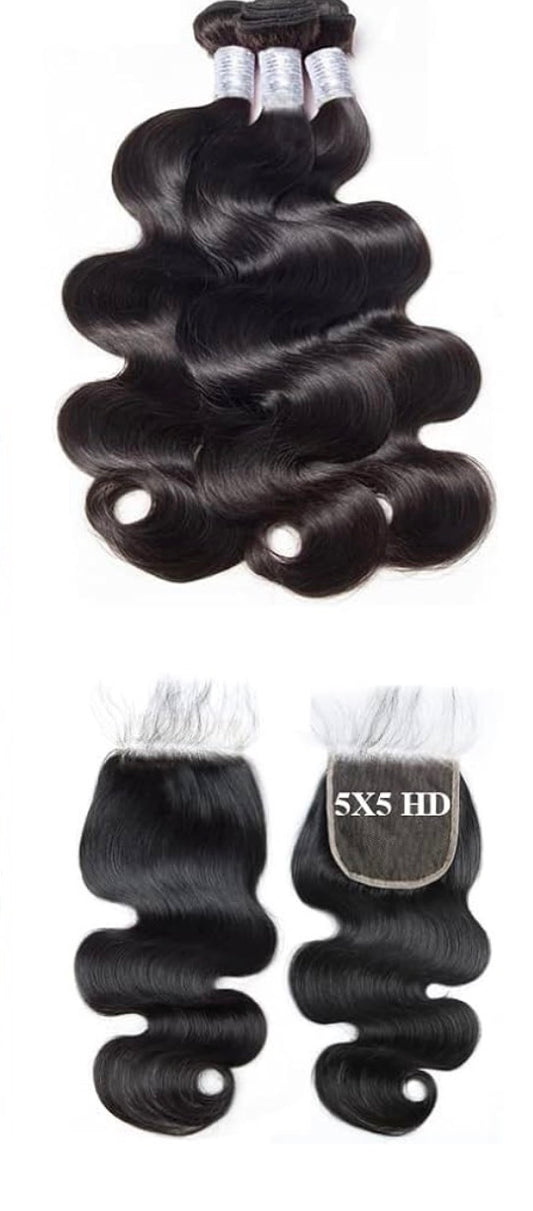 2Trendy - 3 Brazilian Body Wave Bundles With 5X5 Transparent Lace Closure