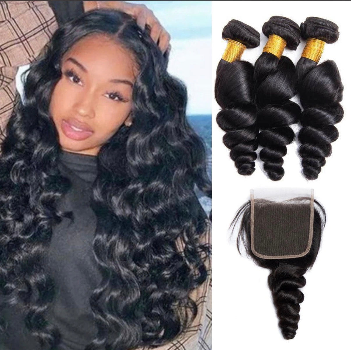 2Trendy - 100% Remy Human Hair 3 Loose Wave Bundles With 4X4 Transparent Lace Closure Middle/Free Parts