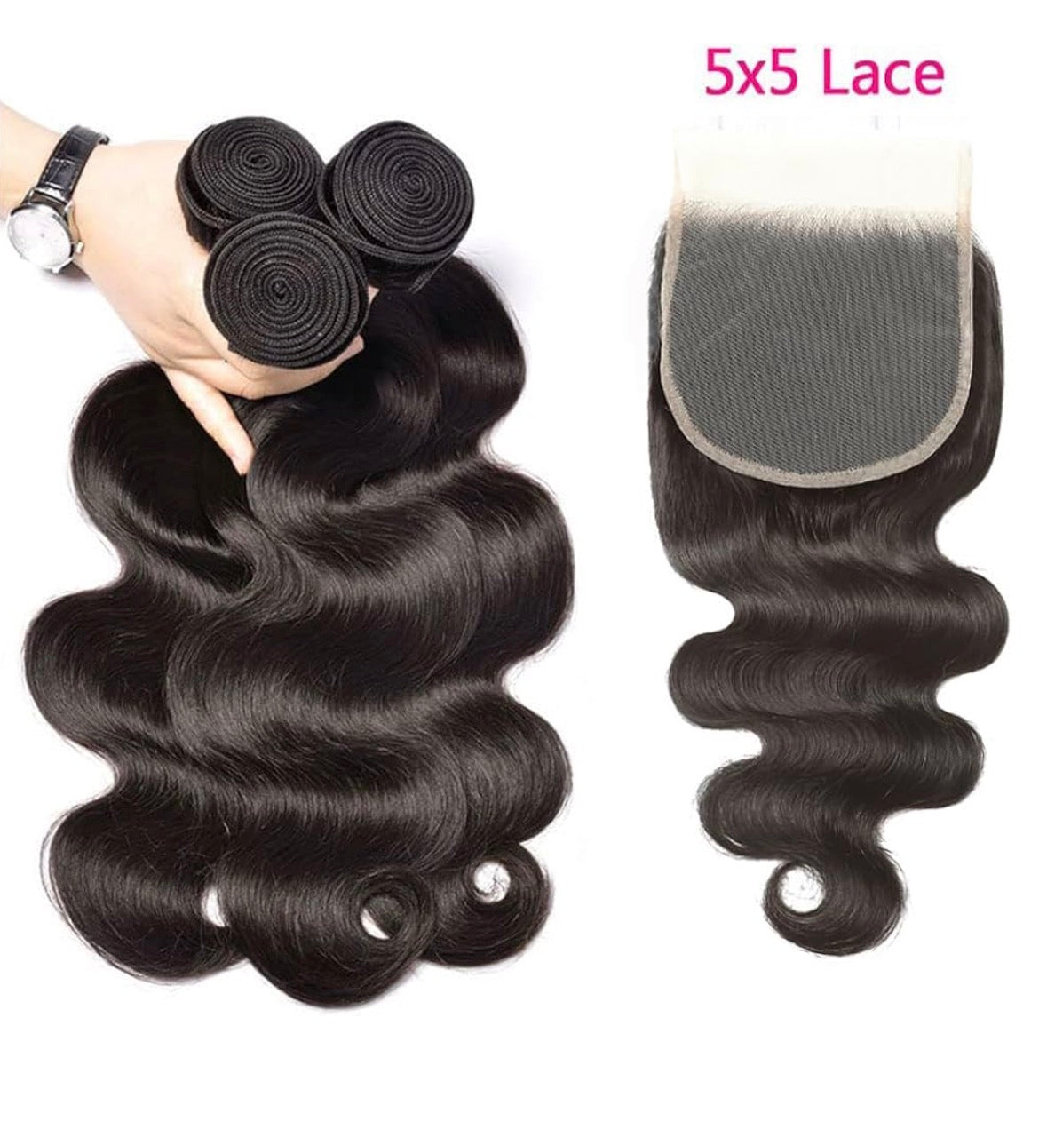 2Trendy - 3 Brazilian Body Wave Bundles With 5X5 Transparent Lace Closure