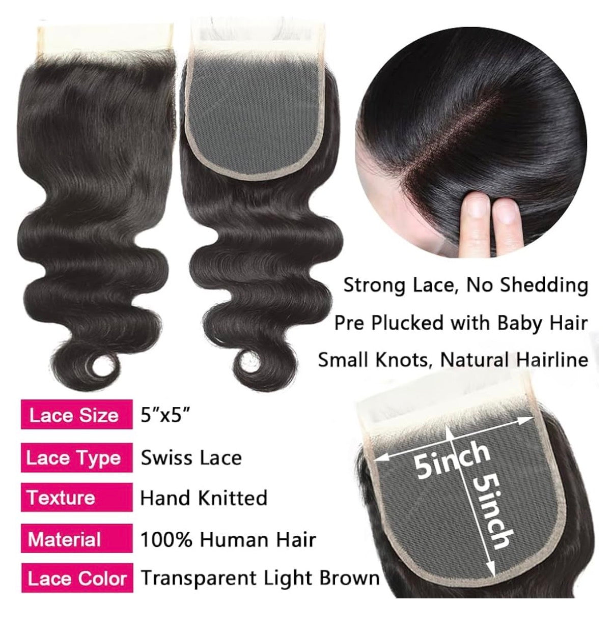 2Trendy - 3 Brazilian Body Wave Bundles With 5X5 Transparent Lace Closure