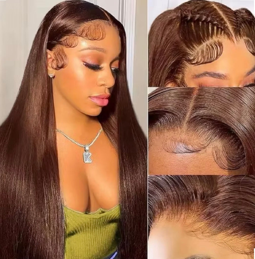 2Trendy Glueless Straight Human Hair Wig - Chocolate Brown (#4 Color) 13x4 Lace Frontal Wig