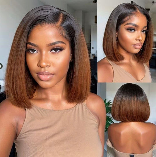 2Trendy T1B/30 Ombre Straight Short Bob Wigs  - 13X4 Lace Pre-plucked Frontal Human Hair Wig