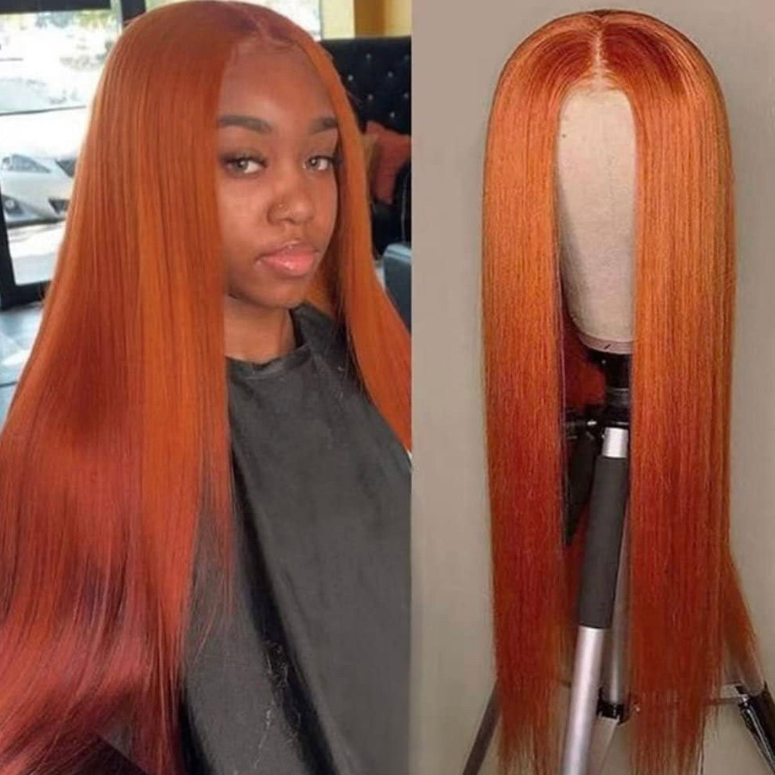 2Trendy Ginger Orange Straight Human Hair Wigs - Transparent 4x4 Lace Closure Preplucked Hairline