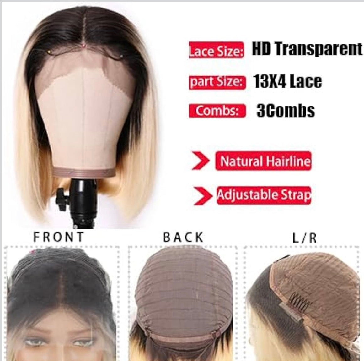 2Trendy Straight Bob Human Hair Wig - T1B/613 Ombre 13X4 Lace Front