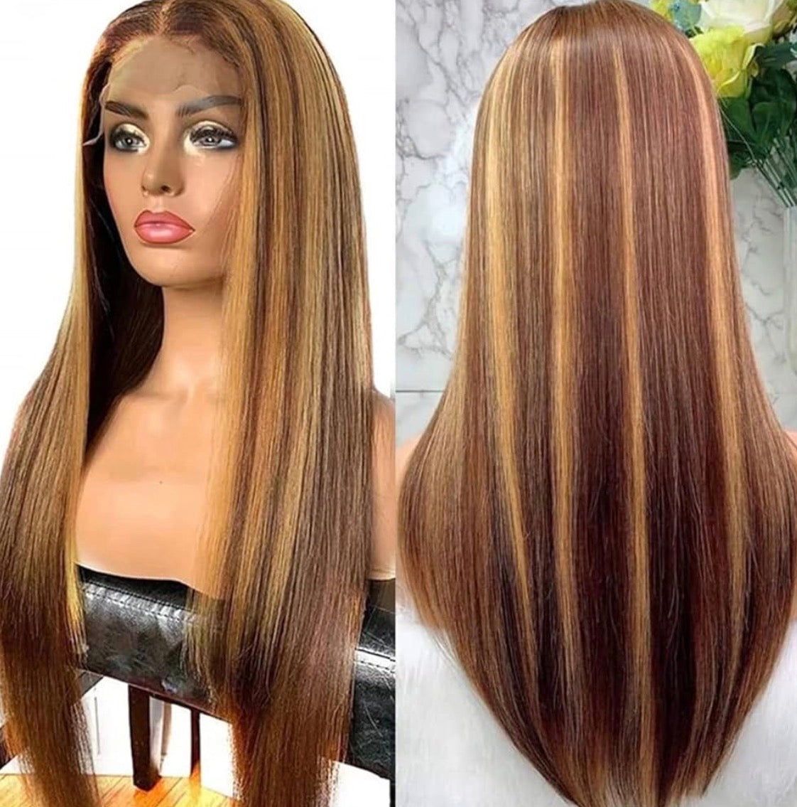 2Trendy Straight Lace Front Human Hair Wig - Ombre Brown/HoneyBlonde Highlight