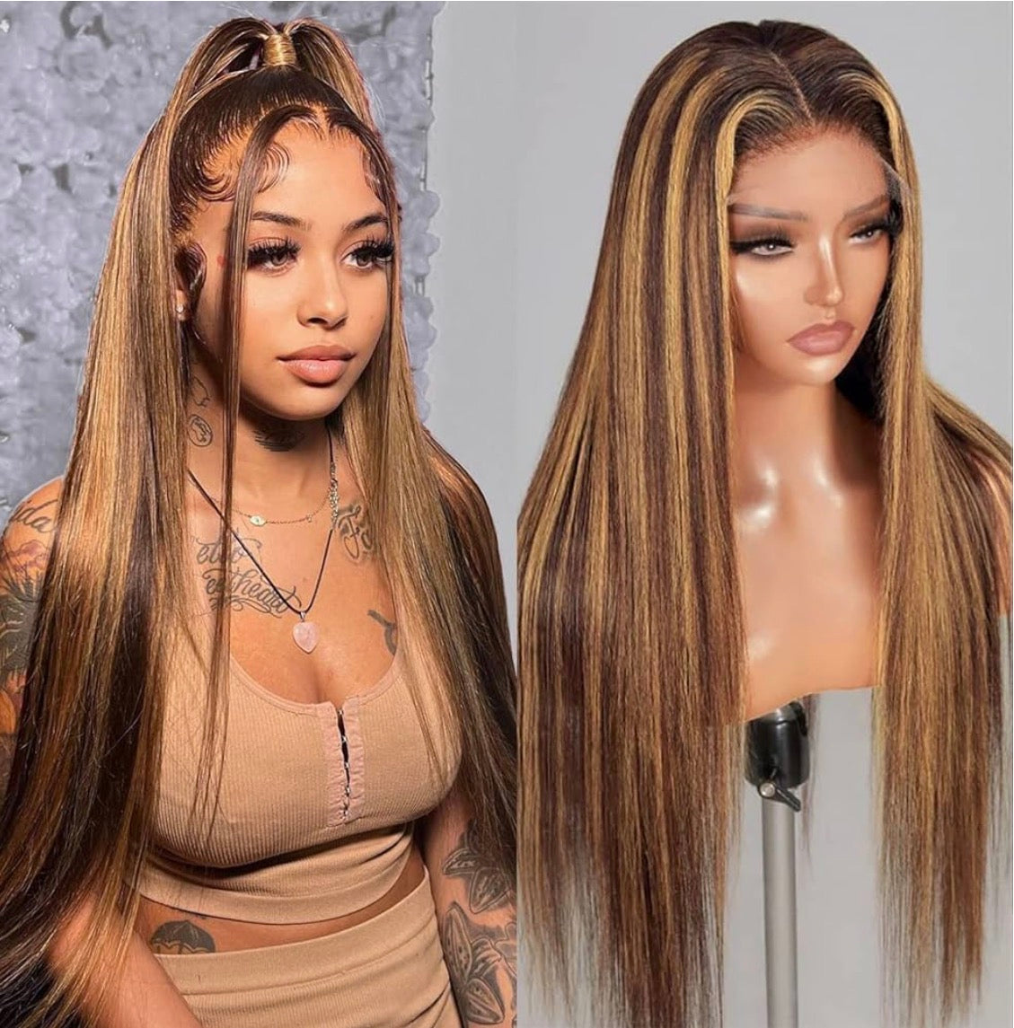 2Trendy Straight Lace Front Human Hair Wig - Ombre Brown/HoneyBlonde Highlight