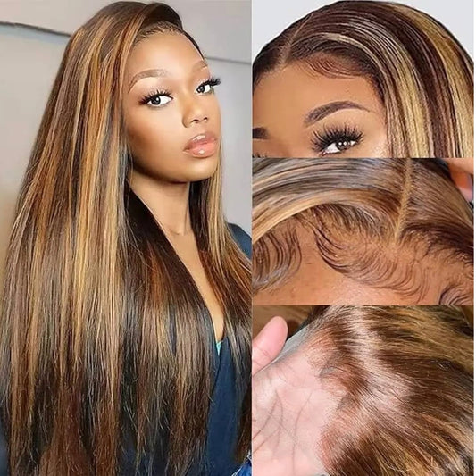 2Trendy Straight Lace Front Human Hair Wig - Ombre Brown/HoneyBlonde Highlight