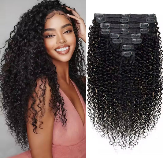 Afro Kinky Curly Human Hair Clip-In Extensions -  8Pcs/Set 120G Natural Color