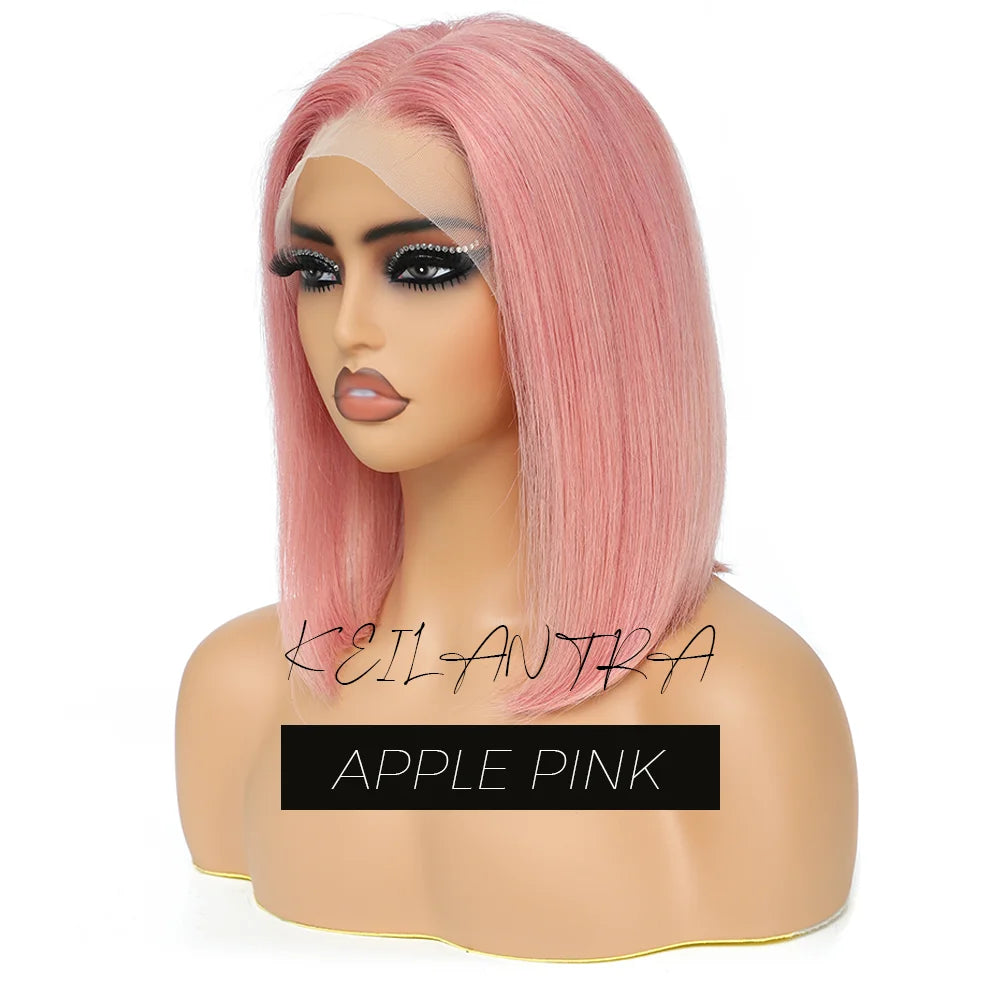 Rose Pink Short Straight Bob Pre Plucked HD Transparent Lace Front Human Hair Wig