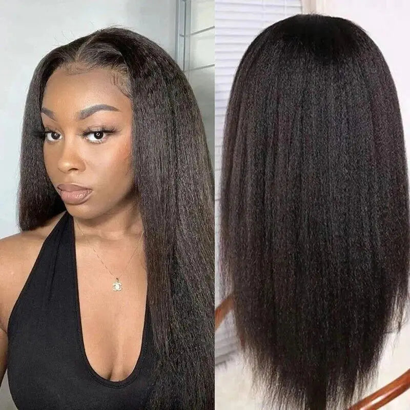 Kinky Straight - Human Hair Pre Plucked Transparent Bleached Frontal Wig