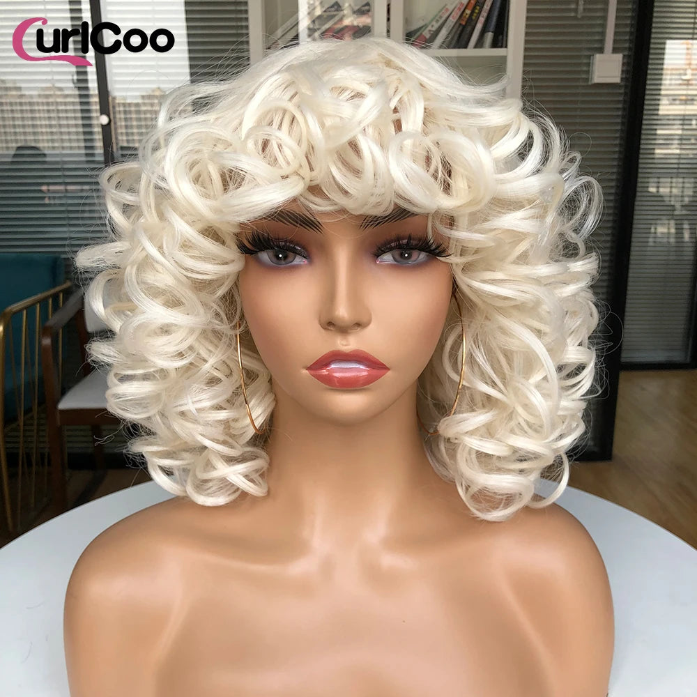 Big Bouncy Fluffy Curly Synthetic Wigs With Bangs - Various Colors Available