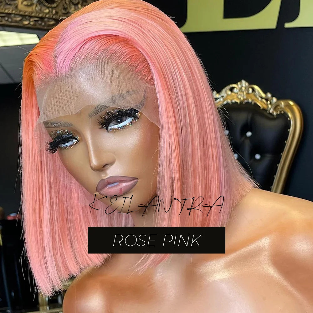 Rose Pink Short Straight Bob Pre Plucked HD Transparent Lace Front Human Hair Wig