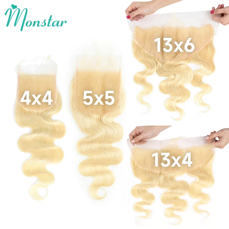 613 Blonde Body Wave HD Lace Frontal or Closure PrePlucked Brazilian Remy Human Hair - Various Options Available