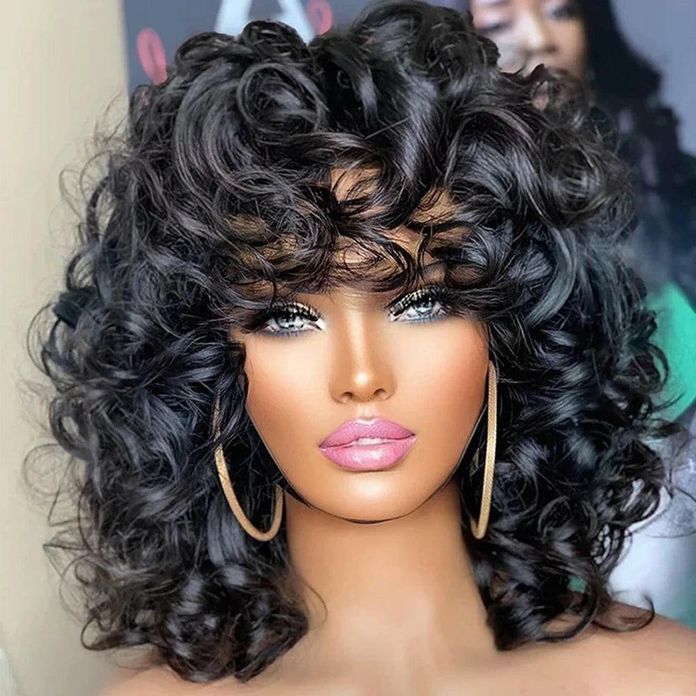 Afro Rose Curly Human Hair Wig with Bangs